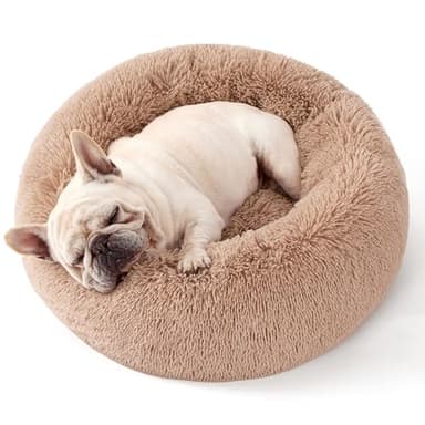 Bedsure Calming Dog Bed Medium Large Size Dogs - Donut Washable Large Pet Bed, 33 inches Anti-Slip Round Fluffy Plush Faux Fur Dog Bed, Camel - Image 1