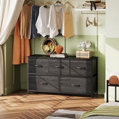 WLIVE Dresser for Bedroom with 5 Drawers, Wide Chest of Drawers, Fabric Dresser, Storage Organizer Unit with Fabric Bins for Closet, Living Room, Hallway, Charcoal Black Wood Grain Print - Image 7