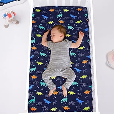 PHF 3 Pack Soft Dinosaur Crib Sheets Fitted, Comfy Breathable Baby Sheets for Boys Girls, 28x52 Inches Fits Standard Crib and Toddler Mattresses, Navy Dinosaur - Image 4