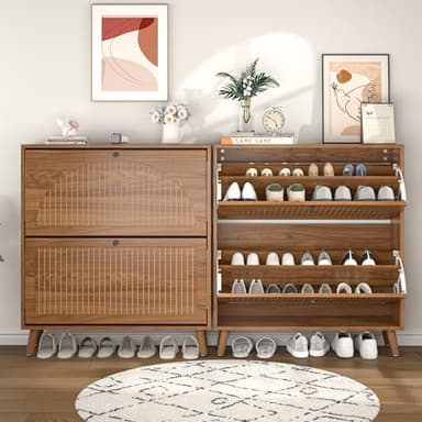 Fsbecl Shoe Storage Cabinet for Entryway with 2 Flip Drawers, Narrow Wood Shoe Cabinet with Fluted Panel, Freestanding Hidden Shoe Organizer for Foyer, Hallway (Walnut) - Image 8