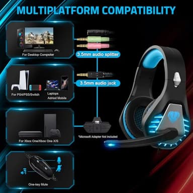 Gaming Headset with Microphone for PC, PS4, PS5, Headset Noise Cancelling Gaming Headphones for Switch, Laptop, Mac, Xbox Series X/S, Headphones with LED Lights, Deep Bass for Kids Adults, Black Blue - Image 4