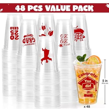 JOYIN 48 Pcs Red Class of 2025 Graduation Party decorations Cups, 16 Oz Disposable Plastic Cups, Grad Decor Party Supplies with 24 Fun Designs for College & High School Celebrations - Image 2