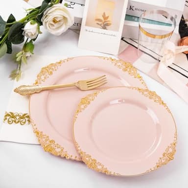 Nervure 350PCS Pink Plastic Plates - Pink Dinnerware Sets for 50 Guests - 100 Disposable Plates, 150 Gold Plastic Silverware, 50 Cups, 50 Napkins for Wedding & Party - Image 8