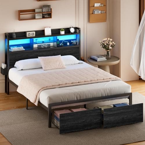 Furnulem Queen Bed Frame with Wood Headboard and Storage Shelf, Metal Platform Bed Frame Queen Size with Storage Drawers, LED Lights and Charging Station, No Box Spring Needed, Noise Free, Black - Image 1