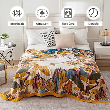 Boho Throw Blanket 100% Cotton Ultra Soft Bed Throw Large Fall Blanket Floral Bird and Butterfly Farmhouse Decor Bed Blankets,60"×80" All Season Blankets for Sofa Couch Chair - Image 2