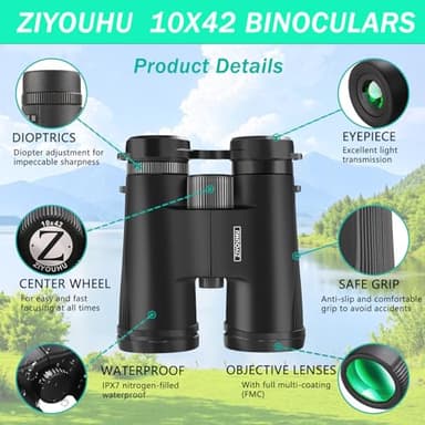 ZIYOUHU 10x42 Binoculars for Adults High Powered- Large View with Clear Vision Waterproof & Fogproof Lightweight Easy Focus Compact Binoculars for Bird Watching Hunting Travel Sports Opera Concert - Image 2
