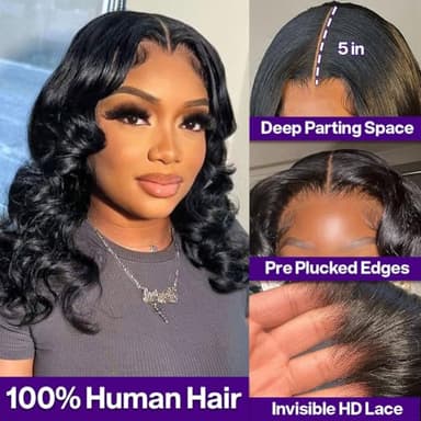 omswet Body Wave BOB Wig Human Hair 5X5 HD Lace Closure Wavy Wigs for Black Women Glueless Wear And Go Wigs Human Hair Pre Plucked Wavy Wig 200 Density Virgin Hair 14 Inch Glueless Body Wave Bob - Image 2