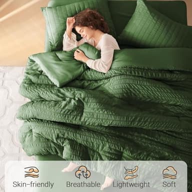 MUXHOMO 7 Pieces Queen Comforter Set, Seersucker Bed in a Bag Queen Size, All Season Luxury Bedding Set with Comforter, Flat Sheet, Fitted Sheet, Pillowcases & Shams, Dark Green - Image 2