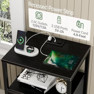 BOLUO Black Nightstand with Charging Station, LED Night Stand with 2 Fabric Drawers, Bedside Table with USB Ports and Outlets, Nightstand for Bedroom Modern - Image 6