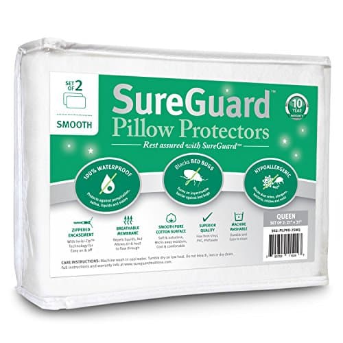 Set of 2 Queen Size SureGuard Pillow Protectors - 100% Waterproof, Bed Bug Proof, Hypoallergenic - Premium Zippered Cotton Covers - Smooth - Image 1