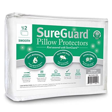 Set of 2 Queen Size SureGuard Pillow Protectors - 100% Waterproof, Bed Bug Proof, Hypoallergenic - Premium Zippered Cotton Covers - Smooth - Image 1