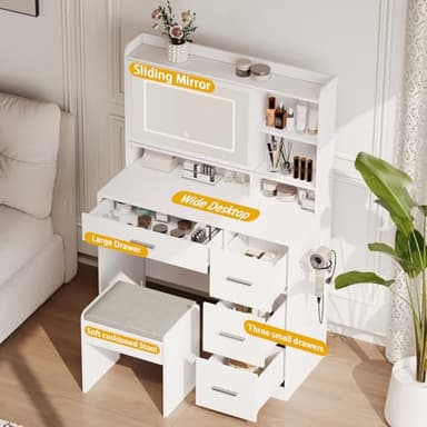 Viaozutis Vanity Desk with a Mirror and Lights，with Chair and Four Drawers, Three Adjustable Lighting Modes，with Power Outlet and Sliding LED Mirror,Bedroom Vanity Desk (White) - Image 3