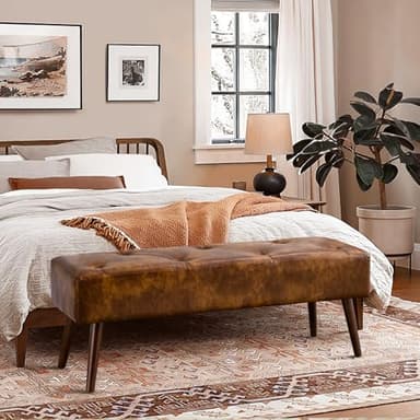 Furnimart Faux Leather Bench Ottoman, Tufted Button Bedroom Benches Footrest Stool in Solid Wood Legs, Long and Dining Bench, Indoor Bench for Entryway Living Room Bedroom (Leather-DustYellow) - Image 2