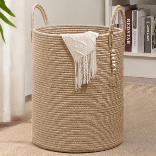 Goodpick Boho Jute Laundry Hamper Basket, Wicker Laundry Basket with Handles, Tall Baby Nursery Hamper, Large Woven Blanket Storage for Living Room, Bedroom, 16" x 20" - Image 1