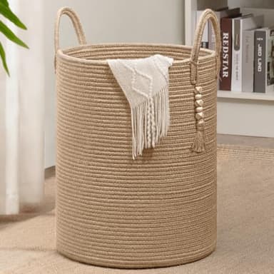 Goodpick Boho Jute Laundry Hamper Basket, Wicker Laundry Basket with Handles, Tall Baby Nursery Hamper, Large Woven Blanket Storage for Living Room, Bedroom, 16" x 20" - Image 1