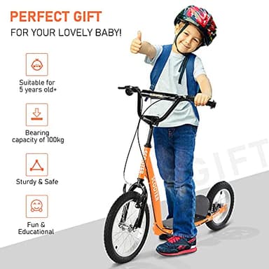 Aosom Youth Scooter Kick Scooter for Kids 5+ with Adjustable Handlebar 16" Front and 12" Rear Dual Brakes Inflatable Wheels, Orange - Image 5
