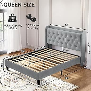 koorlian Queen Bed Frame, Velvet Adjustable Upholstered Platform Bed Frame with Type-C&USB Ports, Wingback Storage Headboard, Solid Wood Slats Support, No Box Spring Needed, Noiseless, Gary - Image 2