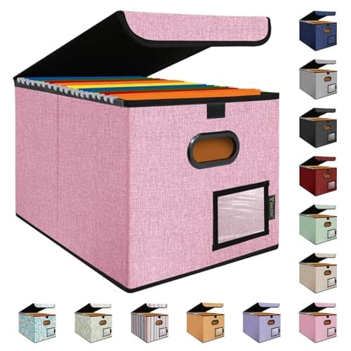 BALEINE File Organizer Box with Lid, Collapsible File Folder Organizer with Plastic Slide, Hanging File Folder Box for Office Document Storage (1 Pack, Pink) - Image 1