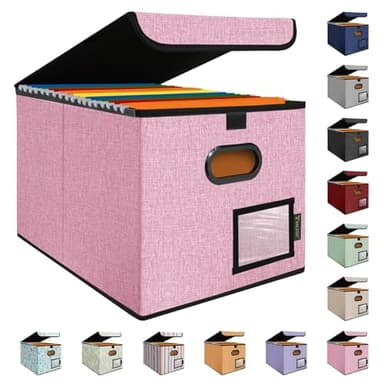 BALEINE File Organizer Box with Lid, Collapsible File Folder Organizer with Plastic Slide, Hanging File Folder Box for Office Document Storage (1 Pack, Pink) - Image 1