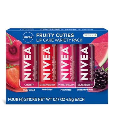 NIVEA Lip Care, Fruity Tinted Lip Balm Variety Pack, Cherry, Strawberry, Blackberry and Watermelon Flavors, 3-in-1 Moisture, Repair and Color, 0.17 Oz Stick, Pack of 4 - Image 1