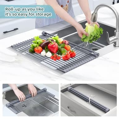 Ohuhu Sink Drying Rack, 20.5" W x 16.1" L Over The Sink Roll-Up Dish Drainer - Rolling Foldable Sink Accessories Heat-Resistant Mat Anti-Slip Silicone Coated Multipurpose for Kitchen Counter - Image 7