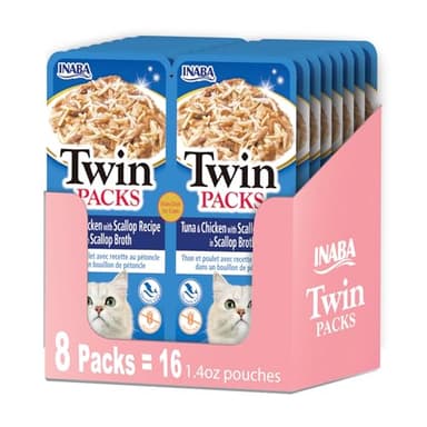 Inaba Twin Packs for Cats, Shredded Chicken & Broth Gelée Side Dish/Topper Pouch, 1.4 Ounces per Serving, 16 Servings, Tuna & Chicken with Scallop Recipe in Scallop Broth - Image 1
