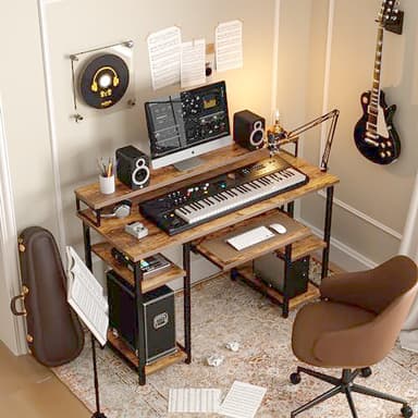CubiCubi Computer Desk with Keyboard Tray, 47 Inch Office Desk with Monitor Stand and Storage Shelves, Music Studio Desk Workstation, Work Table for Home Office, Rustic Brown - Image 2