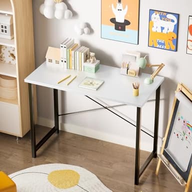 Sweetcrispy Computer Small Desk, 32 Inch Office Writing Work Study Kids Student Home Bedroom Table with Metal Frame Wooden Tabletop No Wheels - White Wood - Image 2