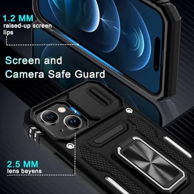 DEERLAMN Case for iPhone 15 with Slide Camera Cover + Screen Protector (2 Packs), Rotated Ring Kickstand Military Grade Shockproof Protective Cover-Black - Image 5