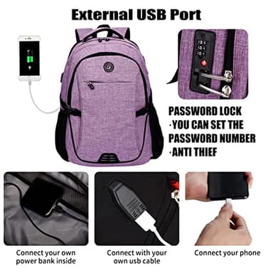 SHRRADOO Anti Theft Laptop Backpack Travel Backpacks with usb Charging Port for Women Men High School College Backpack Computer Bag Fits 17 Inch Laptop,Purple - Image 3