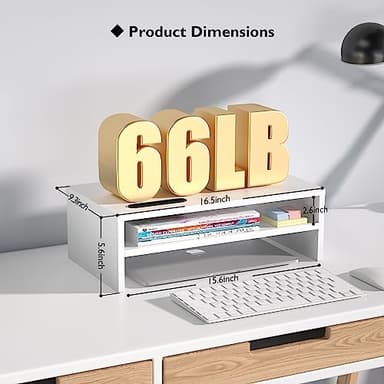 BONTEC Wooden Monitor Stand Riser, 2-Tier Desk Shelf with Storage Organizer, Ergonomic Computer Stand with Cable Management, Cellphone Holder, White, 16.5 Inch - Image 5