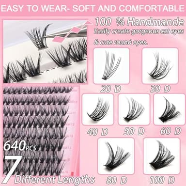 Lash Clusters Kit, 640 Pcs Eyelashes Clusters Extensions Kit 9-16mm Individual Lashes D Curl Fluffy Wispy False Eyelashes Thin Band, with Bond Seal Tweezers Brush DIY (30D+40D+50D+60D Kit 9-16mm) - Image 2