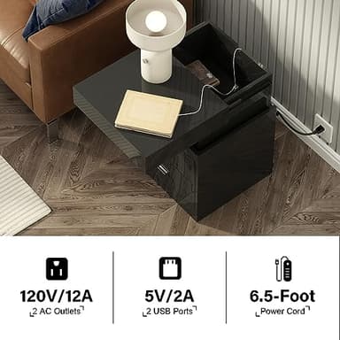 ChooChoo LED Nightstand Set of 2,Smart Night Standwith Charging Station and Sliding Top Storage, Black - Image 5