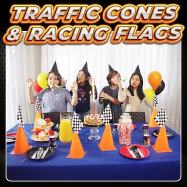 Bedwina Race Car Birthday Party Decorations - (36 Pcs) 12 - 8-Inch Orange Mini Cones for Kids & 24 Black & White Checkered Flags on Sticks - Race Car Themed Birthday Party Decor & Centerpiece Supplies - Image 4