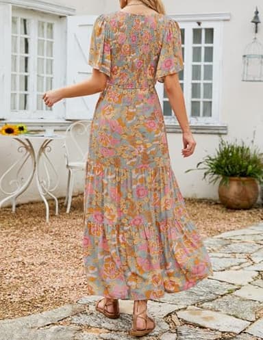 ZESICA Women's 2024 Summer Casual Floral Print Short Flutter Sleeve Crew Neck Smocked High Waist Flowy Maxi Dress,GreyGreen,Medium - Image 3