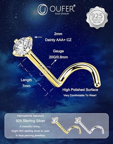 OUFER 925 Sterling Silver Nose Studs, Bone L Screw Shaped Nose Rings, 20G Nostril Solid 2mm Round CZ Nose Piercing Jewelry for Women Men-Screw Shaped Gold - Image 4