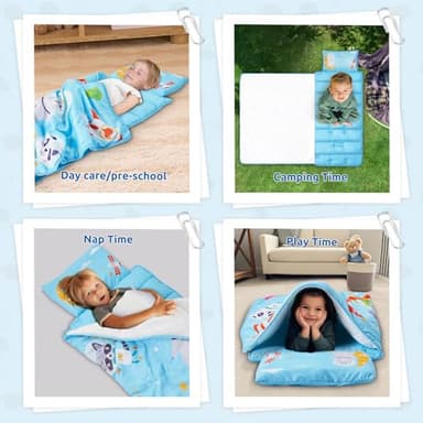 Safotad Toddler Nap Mat with Pillow and Blanket, Soft Sleeping Bag for Kids Boys and Girls, Slumber Bags Kids for Preschool, Daycare, Travel, Camping, 54" x 33" Great for Ages 3-6（Light Blue - Image 8