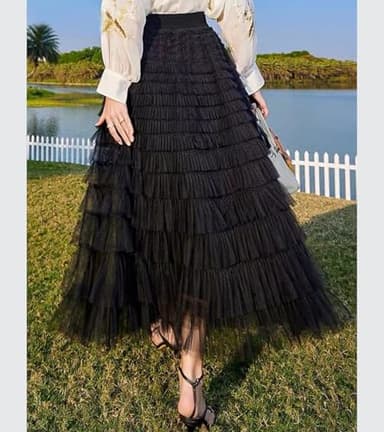 Flygo Women's Long Maxi Tulle Skirts A Line Ruffle High Waisted Tiered Layered Mesh Tutu Skirt Petticoat(Black-XL) - Image 4