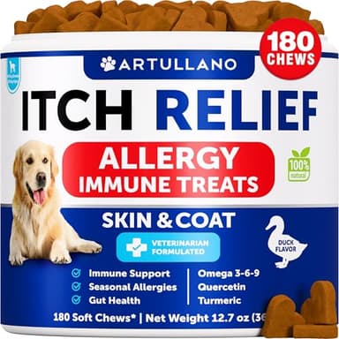 Dog Allergy Relief Chews - Itching Skin Relief for Dogs - 180 Soft Treats - Fish Oil - Omega 3 - Seasonal Allergies Pills - Skin & Coat, Anti Itch,Hot Spots Treatment - Canine Immune Health Supplement - Image 1