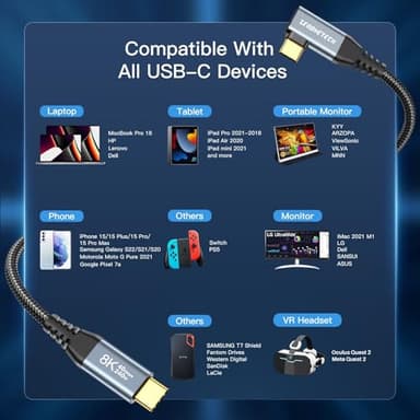ZeroneTeck USB C Monitor Cable 8K@60Hz/4K@144Hz, 40Gbps High Speed Data Transfer, Right Angle Display Video Cable, 90 Degree USB C 3.2 Gen 2x2 240W PD for iPhone 17,MacBook,iPad,Lenovo,KYY,SSD - 3.3FT - Image 6