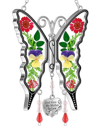 KY&BOSAM Gifts for Mom Suncatcher Butterfly God Bless My Mother-in-Law Gifts Mothers Day Stained Glass Sun Catcher Hanging Wind Chime Ornament for Window Gift for Women Valentine`s Birthday Christmas - Image 1