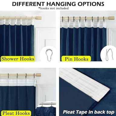 Timeper Navy Blue Pleat Back Tab Velvet Curtains W42 x L96 inches 2 Panels, Blackout Solid Home Decor Curtains for Bedroom Living Dining Room Thermal Insulated Luxury Super Soft Window Drapes - Image 3