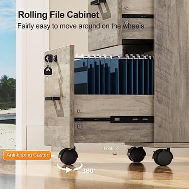 VINGLI 2 Drawer File Cabinet with Lock, Wood Rustic Gray Filing Cabinet for Letter Size File Folders with Tabs, Under Desk Rolling File Cabinets for Home Office, Mobile File Organization Printer Stand - Image 6