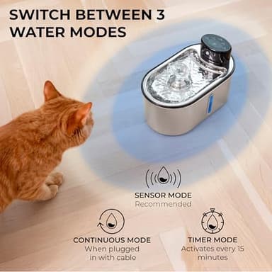 Wireless Cat Water Fountain Stainless Steel, 5200mAh Battery, Ultra Quiet, Automatic Pet Water Dispenser, 108oz/3.2L, Two Flow Modes, BPA-Free, Multi-Filtration, Includes 2 Filters - Black - Image 4