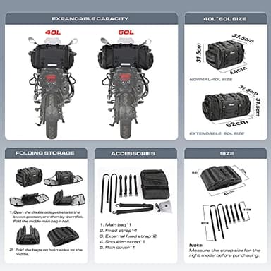 Rhinowalk Motorcycle Tail Bag Expandable Motorcycle Travel Luggage 60L Waterproof All Weather/Trunk/Rack Bag with Sissy Bar Straps-Black - Image 2