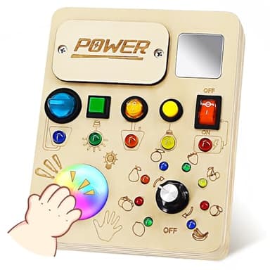 RCPLAGA Busy Board Montessori Toy for Toddler, Wooden Sensory Activity Board with LED Light UP Switch, Baby Fidget Board Travel Toys for 18+ Months, 1 2 3 Year Old Boys Girls Toddler Toys Gifts - Image 1