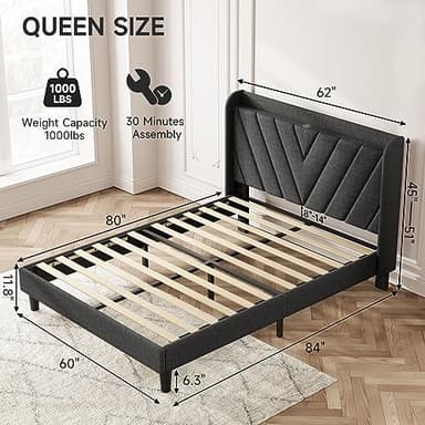 koorlian Queen Bed Frame with Headboard, Adjustable Upholstered Platform Bed Frame with Type-C&USB Ports, Wingback Storage Headboard, Solid Wood Slats Support, No Box Spring Needed, Dark Gray - Image 2