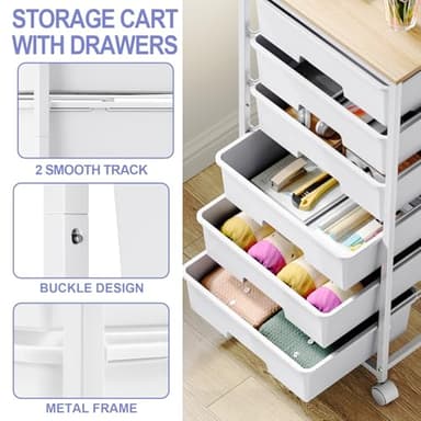Rolling Storage Cart with Drawers,Utility Cart with 6 Large Drawers and Wooden Tabletop,Craft Storage Cart with Lockable Wheels for Bedroom, Office, Classroom, Kids'Room, Living Room (White) - Image 5