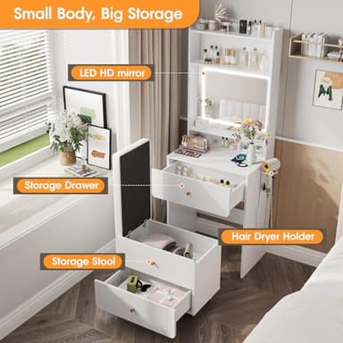 Vabches Make Up Vanity Desk with Mirror and Lights, White Vanity Table Set with Charger Station,Girls Small Vanity and Storage Chair - Image 3