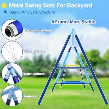 440lbs Kids Swing Set, 3-in-1 Outdoor Playground with Saucer Swing, Belt Seat & 4ft Trampoline, Heavy Duty A-Frame Metal Stand & Safety Stakes, Backyard Playset for Toddlers 3-8 Years Old - Image 4